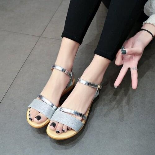 2021 Summer Slope Heel Non-slip Womens Sandals Sequined Fish Mouth Fashion Shallow Mouth Ankle Buckle Strap Woman Roman Sandals