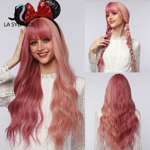 La Sylphide Synthetic Wig Long Natural Wavy Half Yellow Pink Half Hair Wigs with Bangs for Women Cosplay Party Lolita Wig