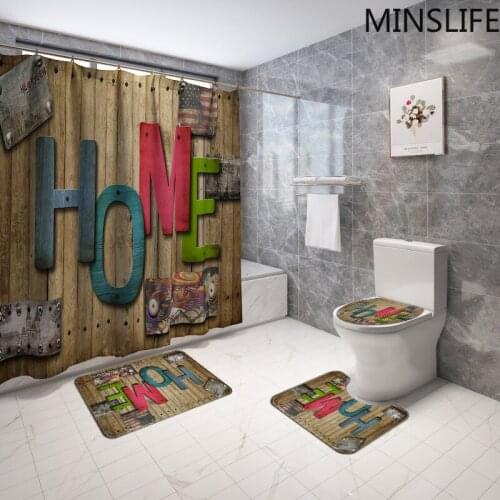 Retro Wood Grain Pattern Fabric Shower Curtains Bathroom Set Anti-slip Rug Carpet Toilet Seat Cover Bath Mat Sets Home Decor