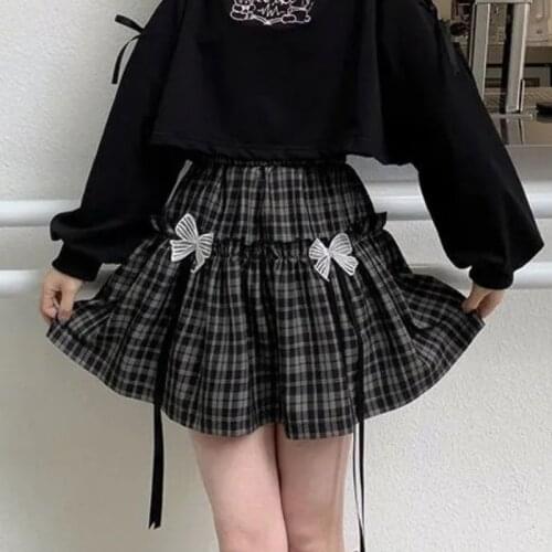 HOUZHOU Kawaii Gothic Lolita Plaid Skirt Women Goth Cute Black Mini Skirt High Waist Japanese Style Harajuku Soft Girl Summer