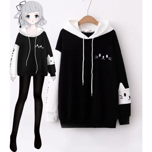 Cute Mori Girl Cartoon Letter Cat Embroidery Patchwork Hoodie Winter Fall Pullover Long Sleeve Sweatshirt Womens Black & White