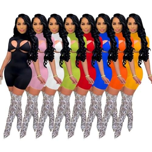 Adogirl Fitness Women Rompers Shorts Sleeve Turtleneck Sheer Cut Out Biker Playsuit Summer One Piece Jumpsuit with Bra Outfits