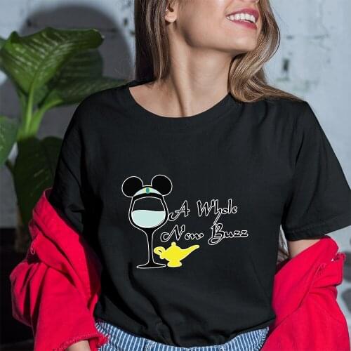 Princess Jasmine Women T-shirts Summer New Black White Tees Disney Wine Glass Princess Printing T Shirts Fashion Outdoor Kawaii