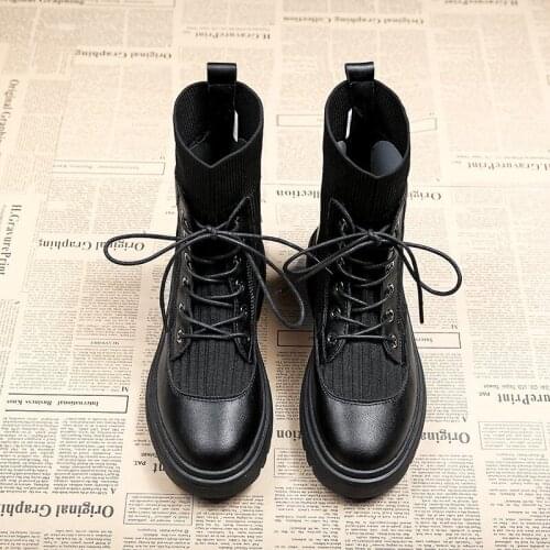 Hot New Casual Lace Up Gothic British Sock Boots Ankle Boots Woman Knitting Shoes Black Platform Boots Women Fashion Botas Mujer
