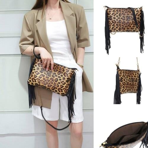 Lady Fashion Clutch Tassel Brown Leopard Wristlet Purse Animal Printed Fringe Chain Crossbody Bags Women PU Leather Shoulder Bag
