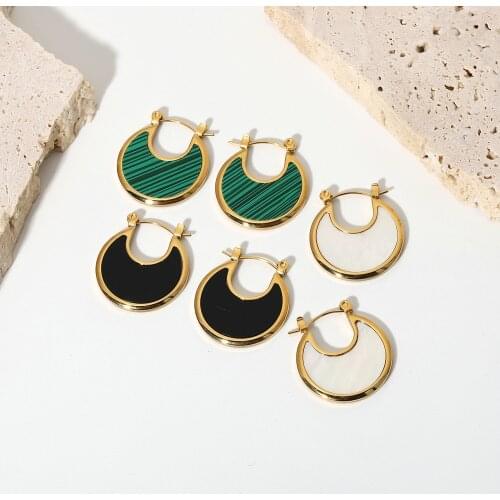 Stainless Steel Sector Shell Malachite Hoop Earrings For Women Fashion Statement Circle Disc Stud Earrings Jewelry