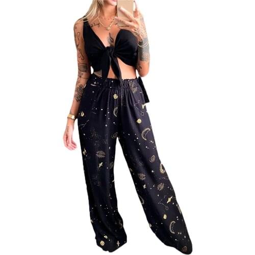 2 Pcs Women Casual Outfits, Adults Sleeveless Space Print Boat Neck Crop Top + Wide-leg Trousers