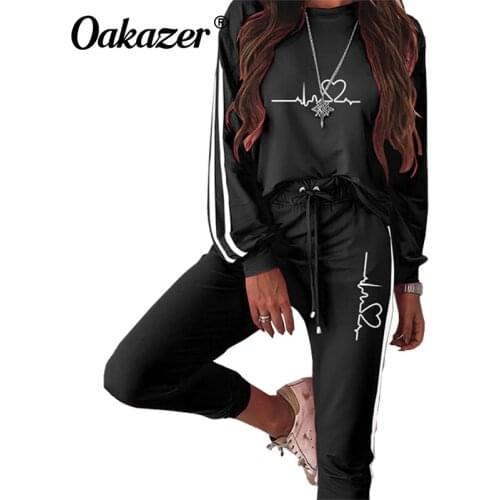 Oakazer Women Tracksuit 2 Piece Set Striped Loose Print Sweatshirt+Pants Suit Sportswear Outfits Female Spring Autumn Clothing