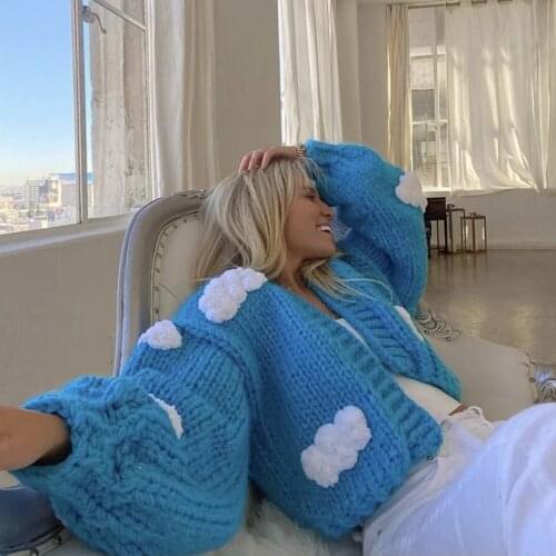 Jastie Blue Sky Cloud Pattern Embroidery Womens Sweater Puff Sleeve V-Neck Hollow Out Chic Cardigans Fashion All-Match Sweaters