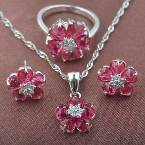 New Flower Rose Red Zirconia Womens Silver Color Jewelry Sets Necklace Pendant Earrings Ring TZ0542