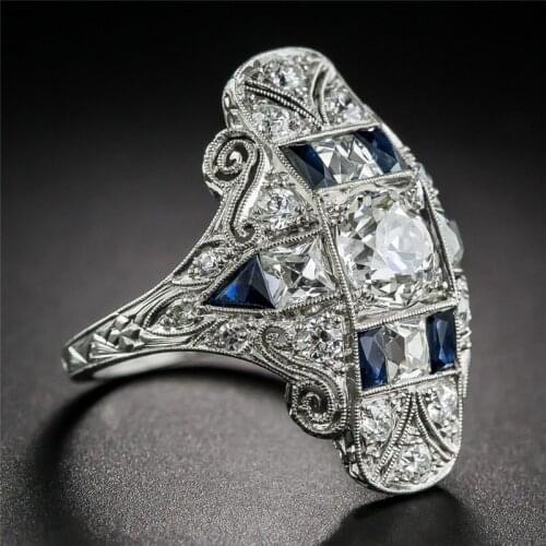 YOBEST New 2019 Silver Color Big Vintage Hollow Flower Wedding Ring Full White and Blue Zircon Ring for Woman