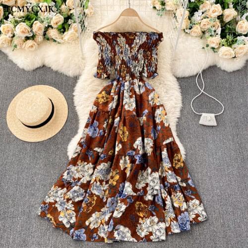 Vintage 2021 Sexy Floral Print Off Shoulder Midi Long Dress Party Women Elegant Beach Holiday Dress Printed Dresses Sexy Elastic