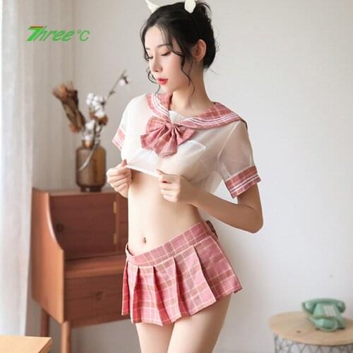 2020 New Sexy Student Uniform Temptation JK Suit Uniform Cosplay Sex Game Costumes Sexy Transparent Shirt Plaid Short Skirt Set