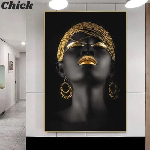 African Woman Wall Painting Art Posters And Prints Big Black Woman Holding Gold Jewelry Canvas Painting Home Interior Decoration