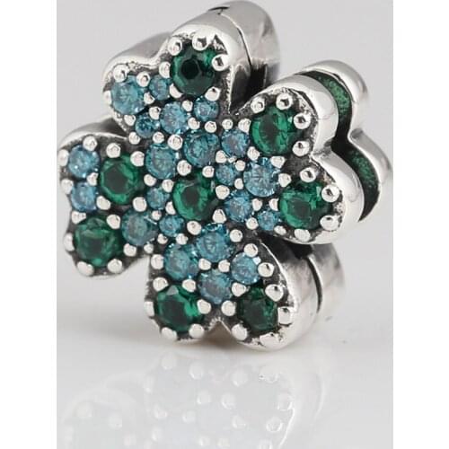 Authentic S925 Silver Reflexions Green CZ Clover Clip Stopper Charms fit Lady Bracelet Bangle For Women DIY Jewelry Making