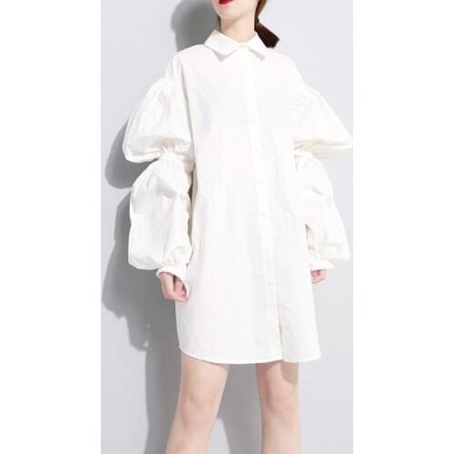 White Long Sleeved Shirts Women Lapel Loose Lantern Sleeve Pleated Dresses Spring Outdoor Leisure Solid Color Long Shirts