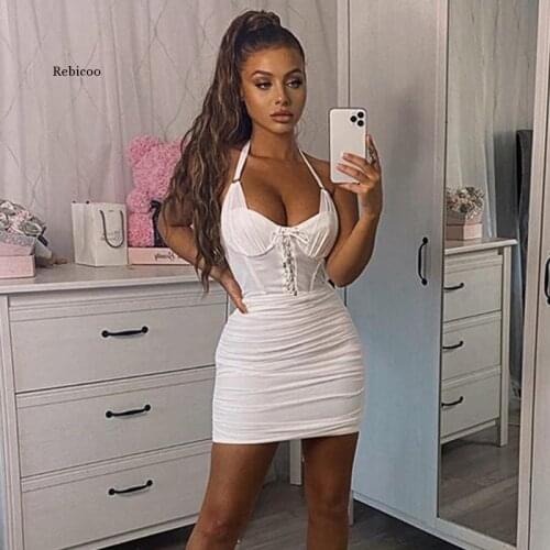 White Mesh Patchwork Sexy Dress Women Halter Lace Up Sleeveless Summer Dress Ropa Mujer Elastic Bodycon Party Dress