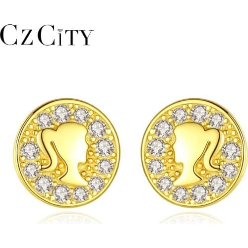 CZCITY Real 925 Sterling Silver Young Girl Round Stud Earrings for Women Shining 18K Gold Color Cubic Zircon Earrings Jewelry