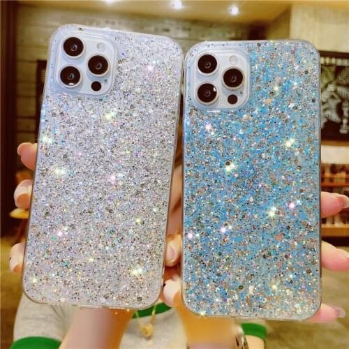 Epoxy Glitter Twinkly Phone Case For iPhone 11 12 Pro Max X XR XS 6 6s 7 8 Plus Luxury Solid Color Flash Fshion Funda Back Cover