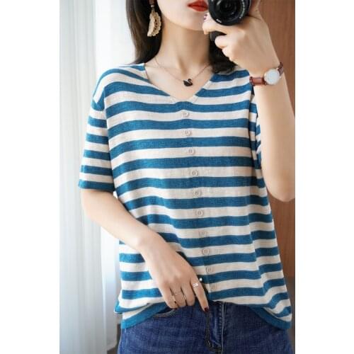 T-Shirt Women 2021 New Style Pure Cotton Striped Knitted Ladies Tops Casual Plus Size Pullover Sweater Short Sleeve Tops Tees