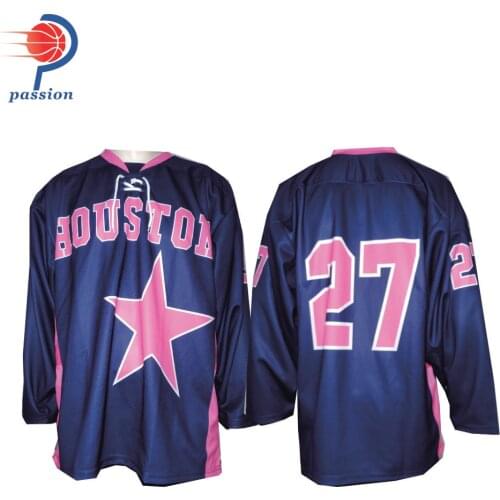 MOQ 5 pcs at 35 usd Each Free Shipping Navy Blue Pink Star Hockey Jerseys With Numbers on Sleeves and Back