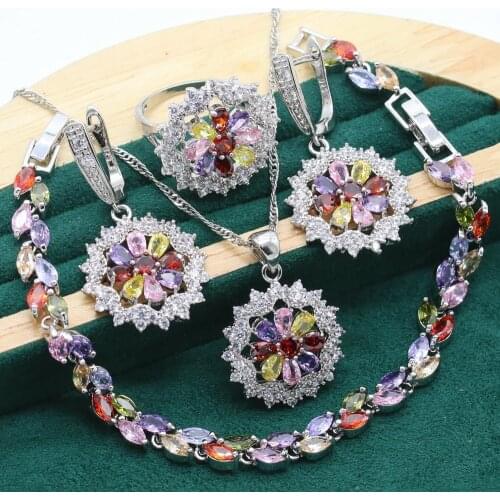 Exquisite 925 Sterling Silver Jewelry Set for Women Multicolor Zircon Bracelet Earrings Necklace pendant Ring Birthday Gift