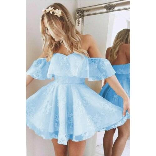 VKBRIDAL Vintage Short Sky Blue Off Shoulder Prom Dresses Ruffled Knee Length Open Back Lace Cocktail Party Dress