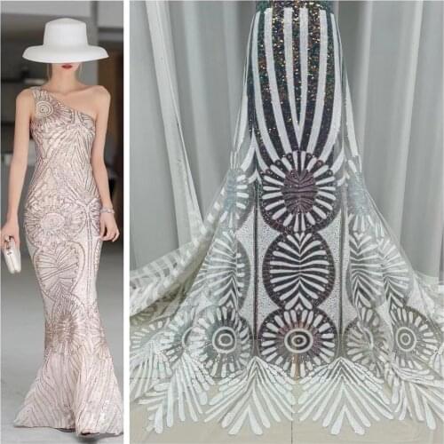 Latest2021High Quality African Nigerian Organza Lace Fabric Wewing Wear Tulle Sequins Wedding Party Gown Dress Embroidery 5Yards