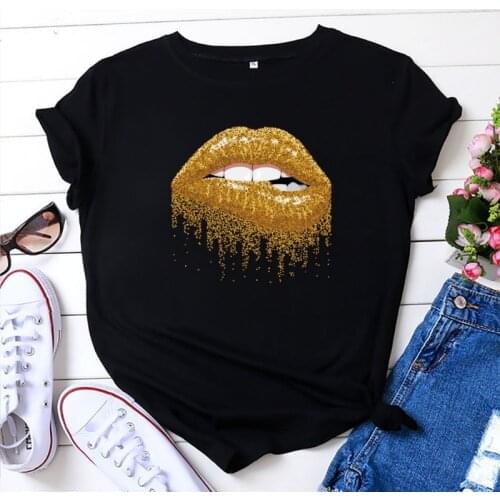 Summer Womens T-Shirt Cotton Womens Clothes Golden Sexy Lips Oversized T-shirt O-neck Short Sleeve T-shirt Women Tops 5XL Tee