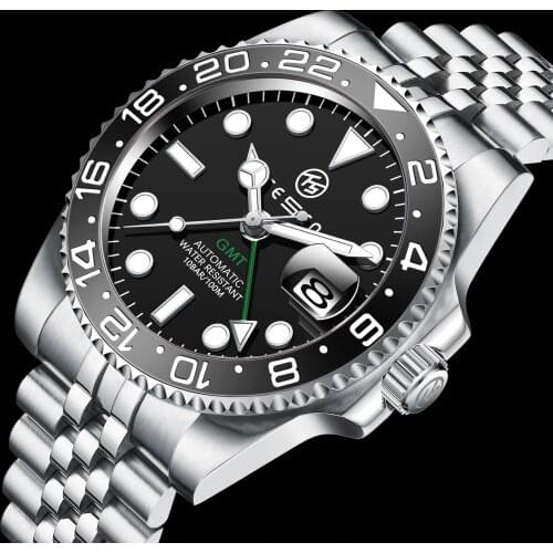 TESEN Luxury Brand Men Automatic Mechanical Watches Mens 316L Stainless Steel Sapphire Glass Luminous Waterproof GMT Wristwatch
