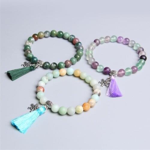 Natural blue amazonite green agates purple fluorite stone beads bracelet for women ladies femme metal charm bracelet gifts