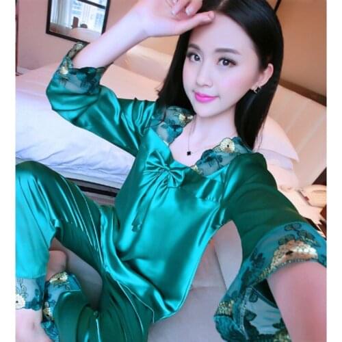 New Silk Pajamas Female Long Sleeved Lace Sleepwear Girls Sexy Summer Nightwear Women Silk Homewear Top and Pant B-6628