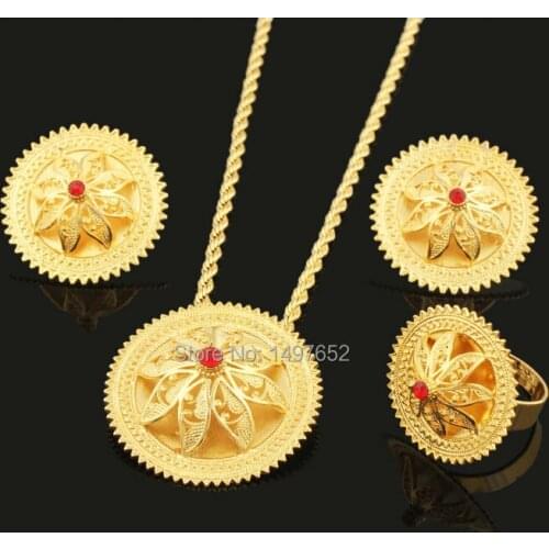 Newest Ethiopian Crystal Necklace Pendants/Earrings/Ring Set Gold Filled Plated Habesha Jewelry African Bridal Jewelry Sets