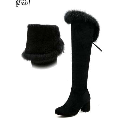 QZYERAI New winter style warm Knee High boots snow boots Women boots High heels True fur warm Women shoes Size 34-43