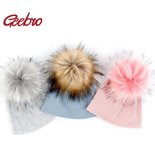 Geebro Newborn Soft Ribbed Cotton Beanies Hats With Faux Fur pompom For Baby Girls Boys Autumn Winter Kids Baby Hats