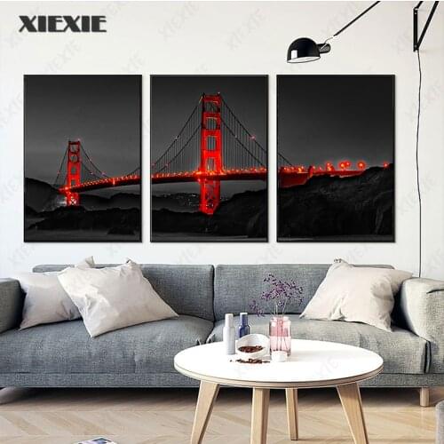 Modern Minimalist Night View Picture Red Bridge Canvas Painting Wall Art Decorative Mural Living Room Bedroom Home Decor