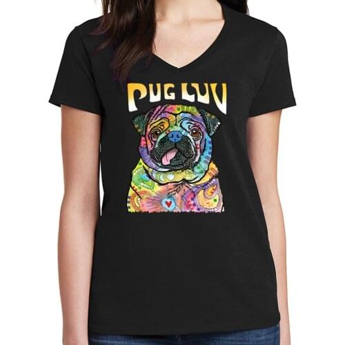 Pug Love Ladies V- Neck T-shirt Mini mastiff Dog Luv Tee - 1577C