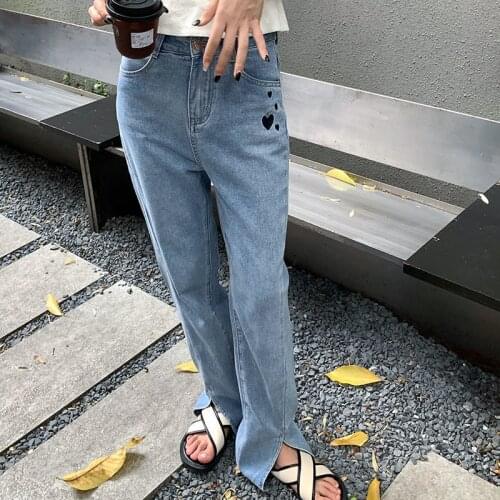 2021 High Waist Love Print Straight Blue Jeans Women Loose Fashion Harajuku Street Denim Pants Retro Mopping Trousers Split Ends