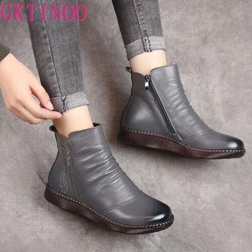GKTINOO Vintage Genuine Leather Winter Boots For Women Flat Low Heel Waterproof Round Toe Zip Autumn Leather Ankle Boots Women