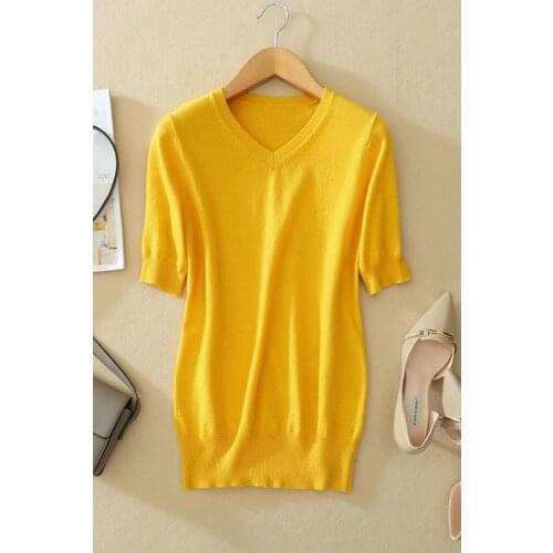 100%goat cashmere thin knit women fashion tshirt pullover Vneck tees sweater short sleeve solid color XS-XL