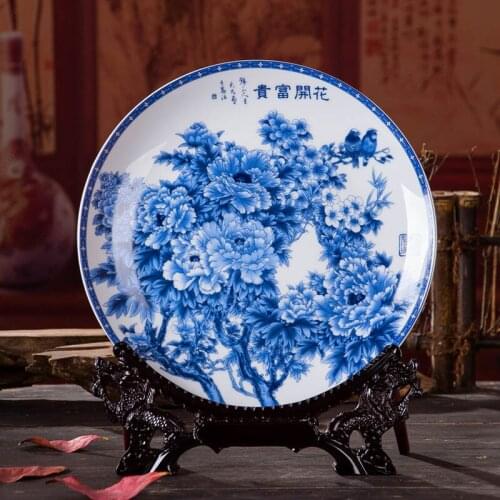 Antique Inmitation Artistic Blue and White Porcelain Decoration Plate / Dish with Traditional Chinese Printed Peony Painting