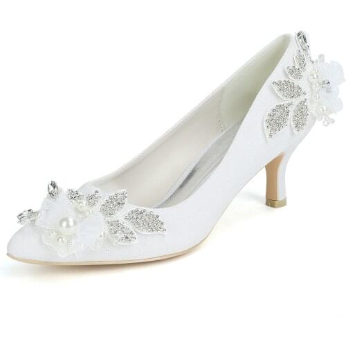 Mid Heels Satin Crystal Pearl Flower Wedding Shoes for Bride Pointed Toe Slip on Heeled Evening Party Ladies Dress Pumps