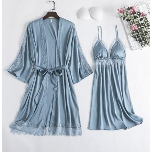 2PCS Lace Bathrobe Gown Sets Sexy Womens Nighty Robe Nightgown Bride Summer Silky Satin Komono Strap Dress Sleepwear Sleep Suit