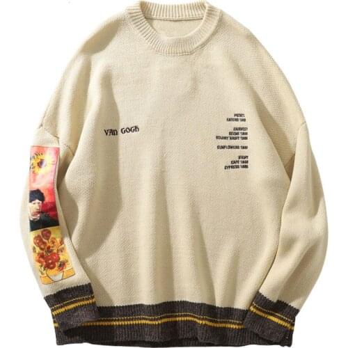 Van Gogh Sleeve Patchwork Pullover Knit Sweater Embroidery Crewneck Knitwear Sweaters Tops