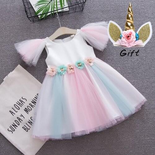 Wholesale Unicorn toddler girls flower lace dress children rainbow colors tulle dress with unicorn headband lovely kids sundress