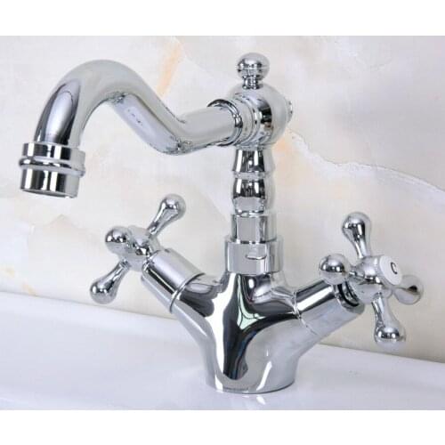Polished Chrome Brass Two Cross Handles One Hole Bathroom Basin Kitchen Sink Swivel Spout Faucet Mixer Tap mnf918