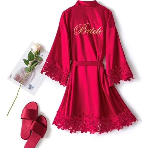 Sexy Lace Bathrobe Women Lingerie Bride Bridesmaid Wedding Robe Silky Satin Letter Embroider Nightwear Kimono Gown Home Clothes
