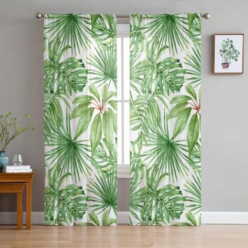 Green Flower Plant Leaves Window Treatment Tulle Modern Sheer Curtains for Kitchen Living Room the Bedroom Curtains Decoration