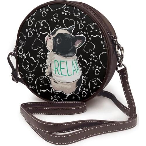 High Quality Women Round Bag French Bulldog Mobile Phone Handbags PU Leather Cartoon Little Dog Crossbody Shoulder Female Bag
