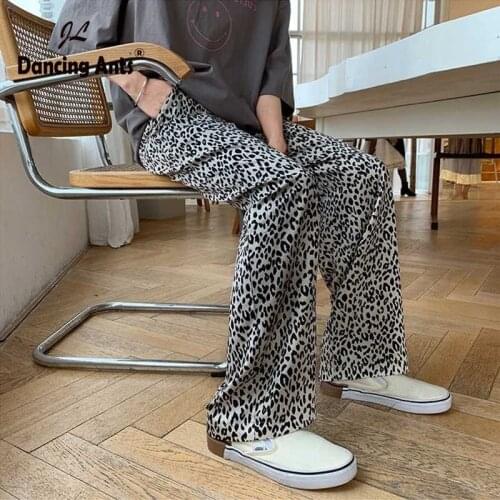 Women Straight Pants Elastic Waist Wide Leg Oversize Leopard Print Plus Size Pant Female New Casual Teousers
